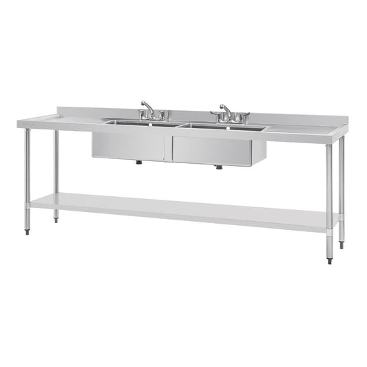 Vogue RVS spoeltafel dubbele spoelbak afdruiprek links en rechts 240x60cm