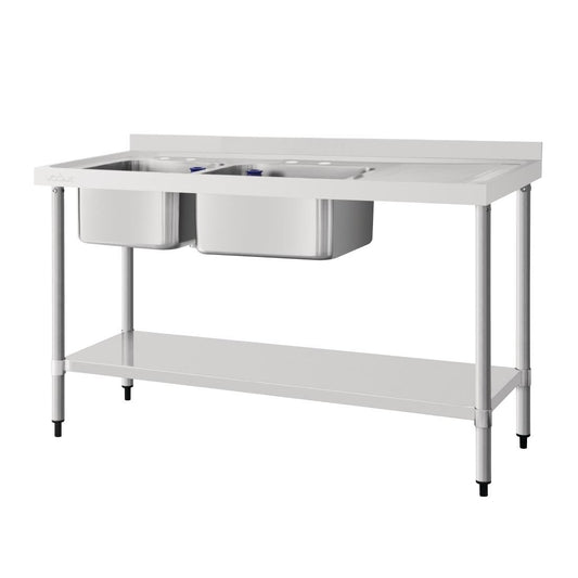 Vogue RVS spoeltafel dubbele spoelbak afdruiprek rechts 150x60cm