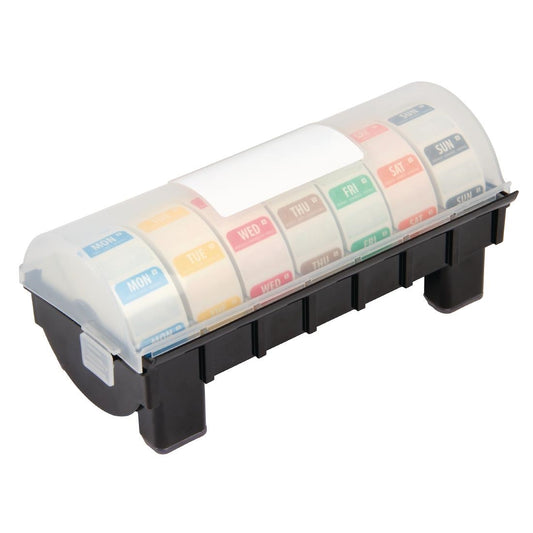 Hygiplas 2,5cm dispenser inclusief 7 rollen voedseletiketten daglabels oplosbaar