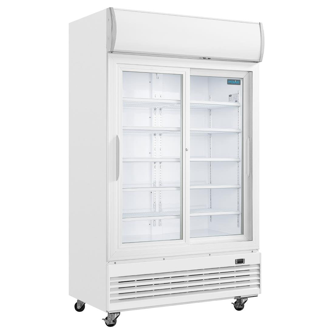 Polar G-serie tweedeurs displaykoeling met lichtbak 950L schuifdeuren