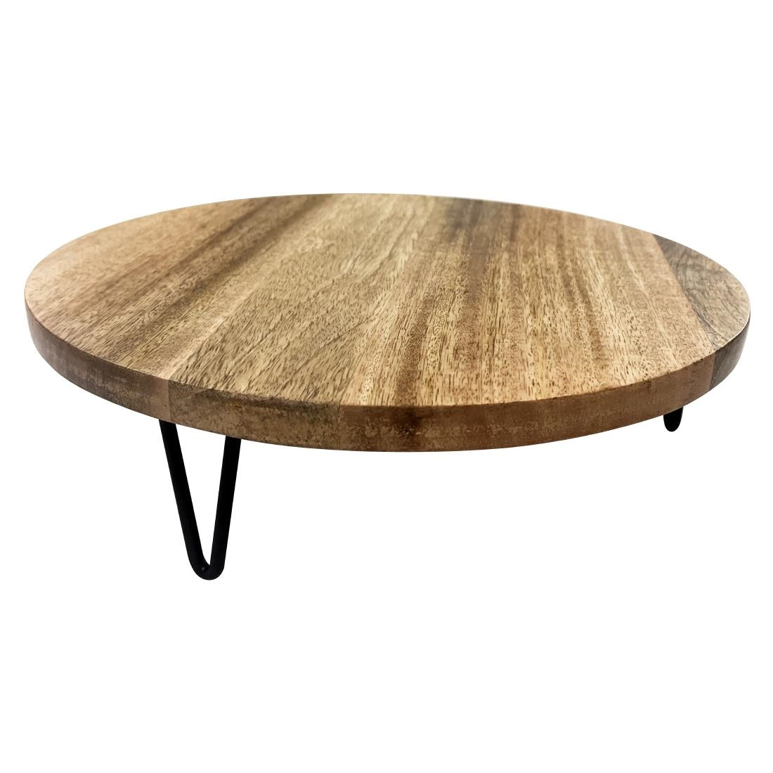 Olympia ronde presenteerstandaard van mangohout met metalen poten 300x80mm
